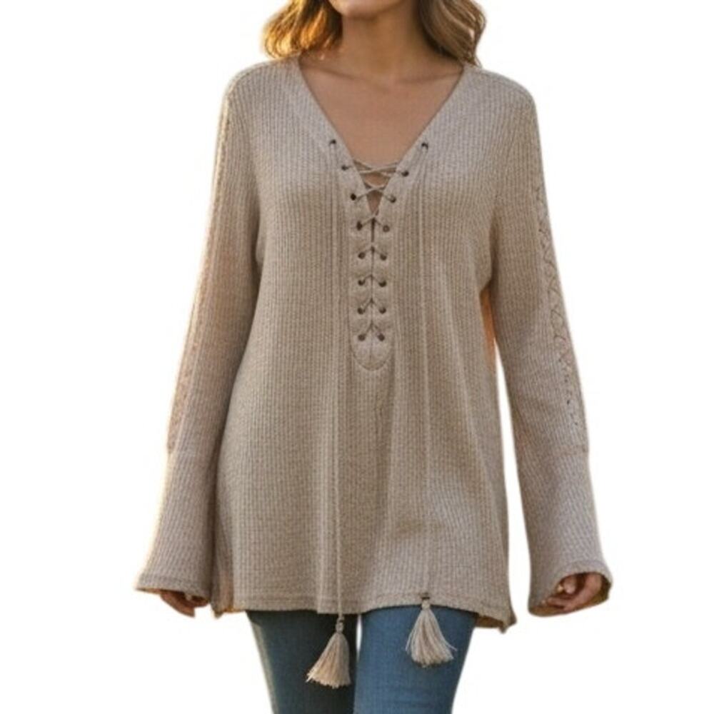 Knox Rose Tasseled Laceup Top Womens Large Gray Ribbed Boho Peasant Bell Sleeves